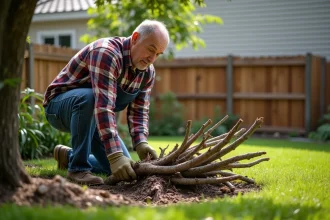 Homme en vêtements de travail triant des branches dans le jardin