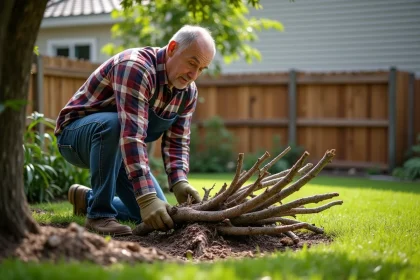Homme en vêtements de travail triant des branches dans le jardin