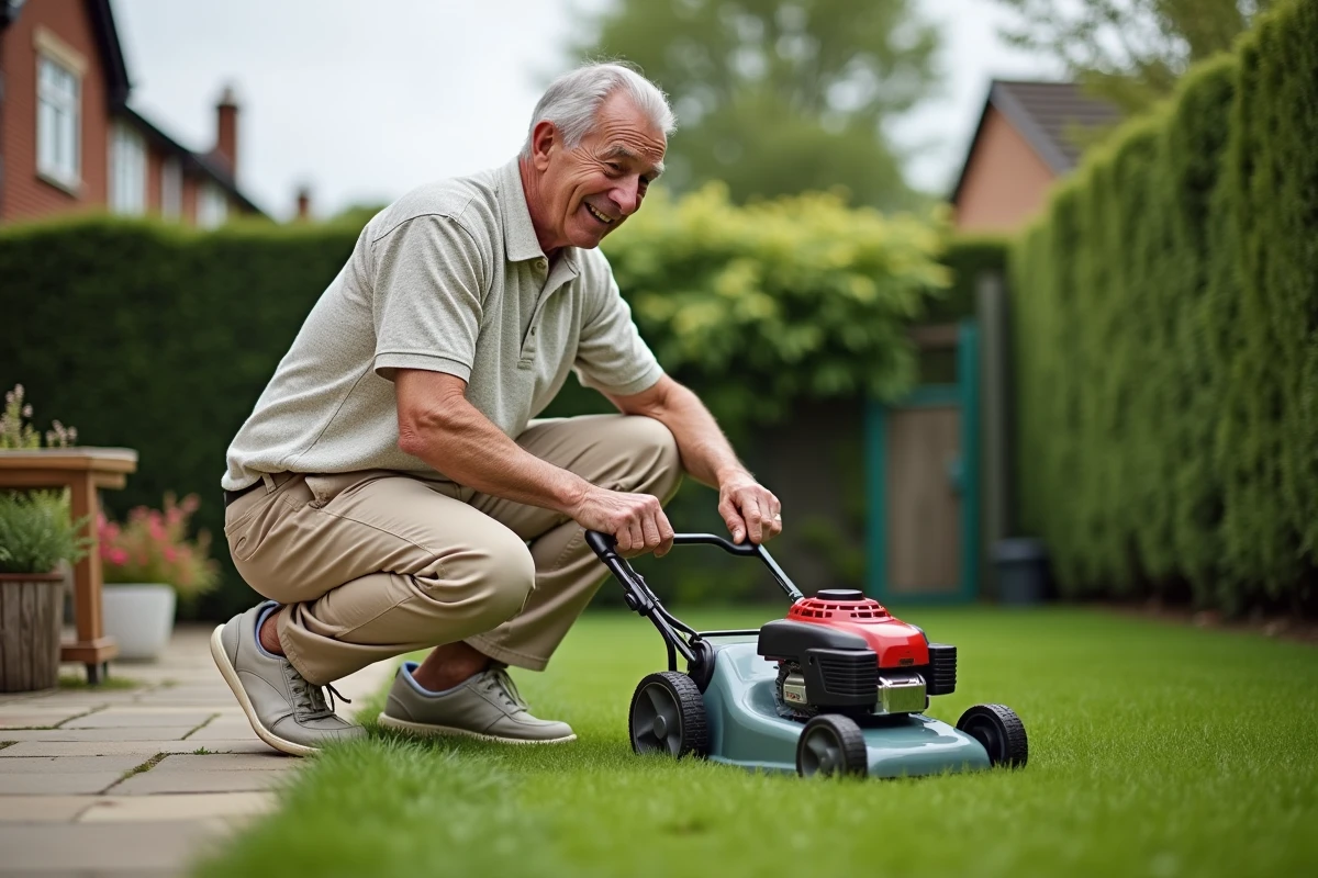Homme âgé inspectant une tondeuse électrique dans son jardin