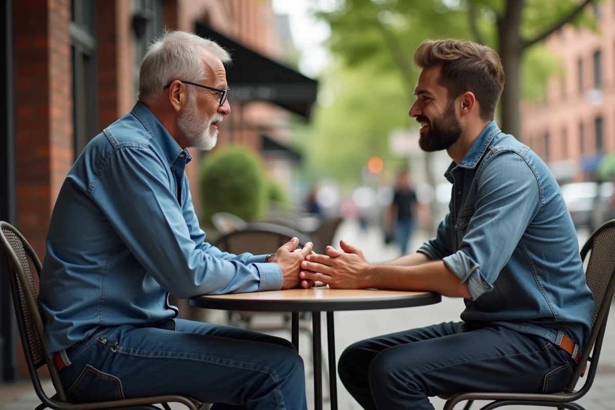 Deux hommes conversent dans un café en terrasse