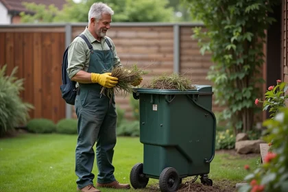 Homme d'âge moyen triant des déchets de jardin dans un jardin organisé