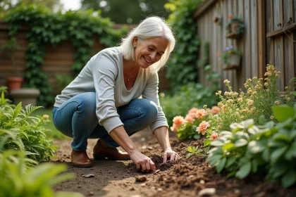 Femme de jardinage plantant des perenes ombragees dans son jardin