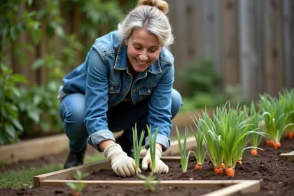 Femme d'âge moyen plantant des jeunes légumes dans le jardin