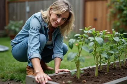 Femme d'âge moyen plantant des tomates dans le jardin