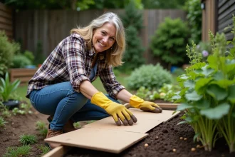 Femme jardinant avec gants et carton dans un jardin verdoyant