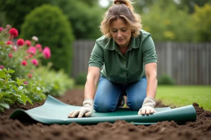 Femme en jeans pose une toile de paillage biodégradable dans le jardin