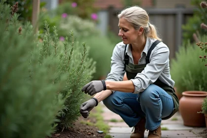 Femme jardinant avec un buisson de romarin vert