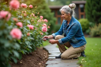 Femme en jardinage taillant un rosier avec des sécateurs