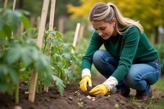 Femme jardinant avec tomates et coquilles d'œufs