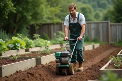 Homme d'âge moyen utilisant un rotovilleur dans un jardin cultivé