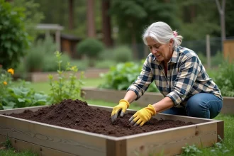 Femme en jardinage avec lit de jardin en bois et compost