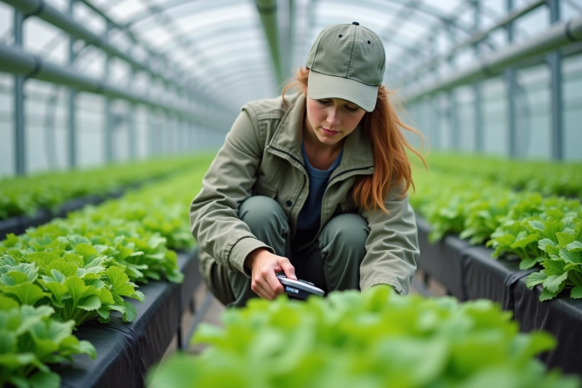Jeune agronome inspectant des légumes en serre moderne