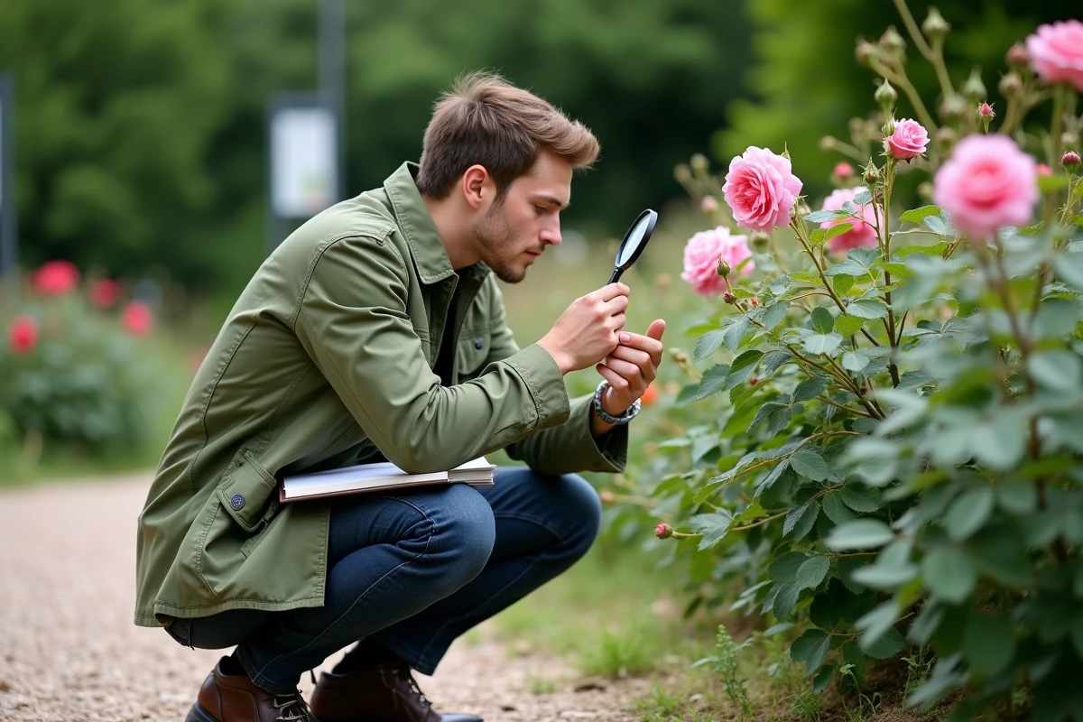 Jeune botaniste inspecte un rosier avec une loupe