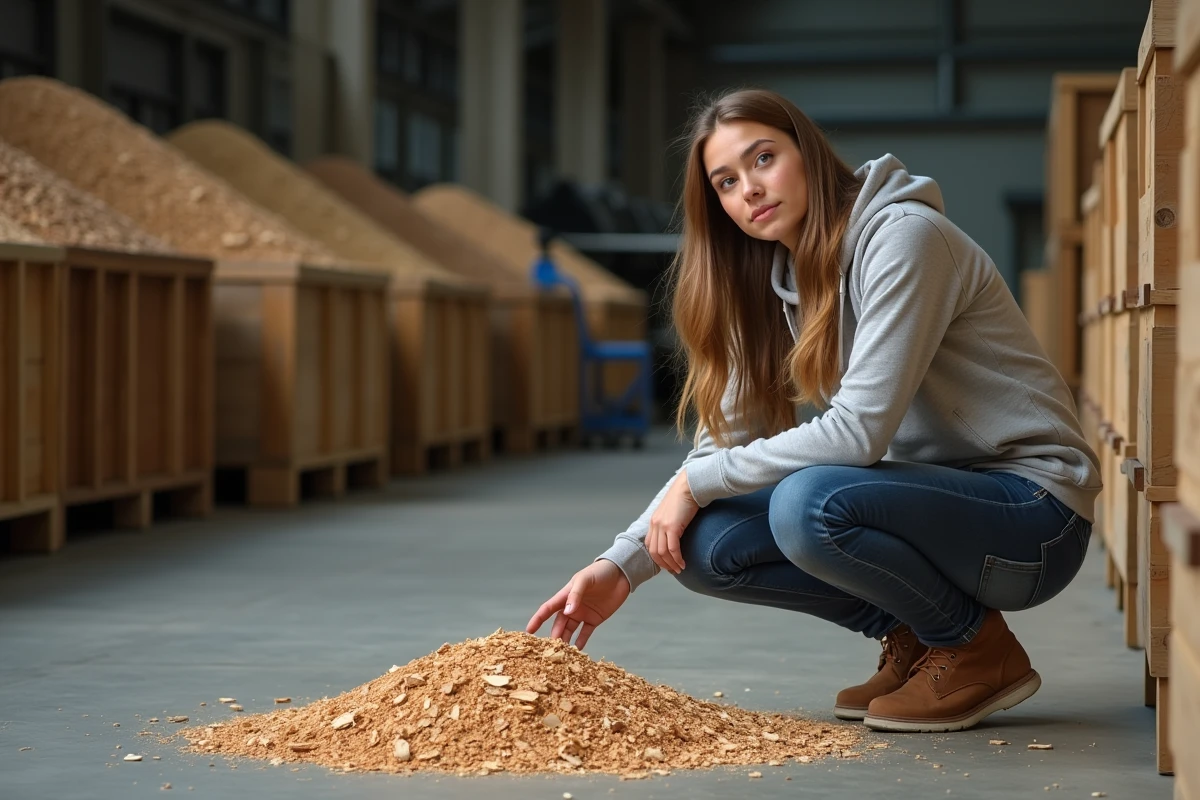 Jeune femme en extérieur examinant des copeaux de bois dans un entrepôt