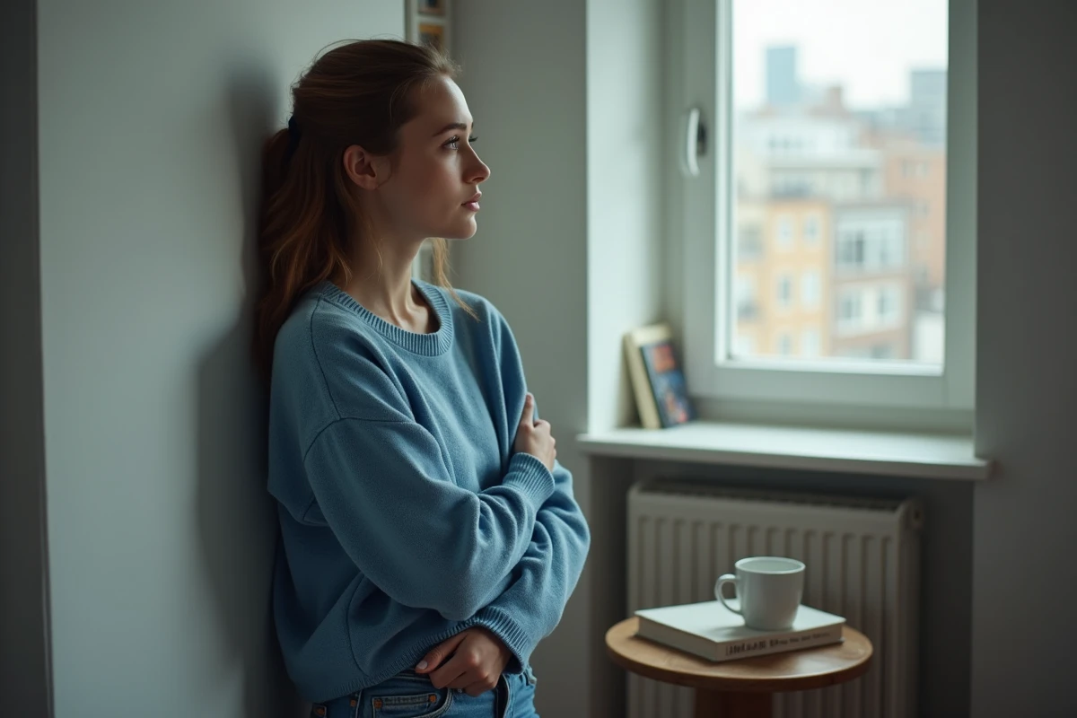 Jeune femme regardant par la fenêtre dans son appartement