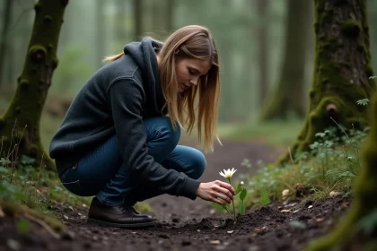 Jeune femme examine une fleur dans la forêt