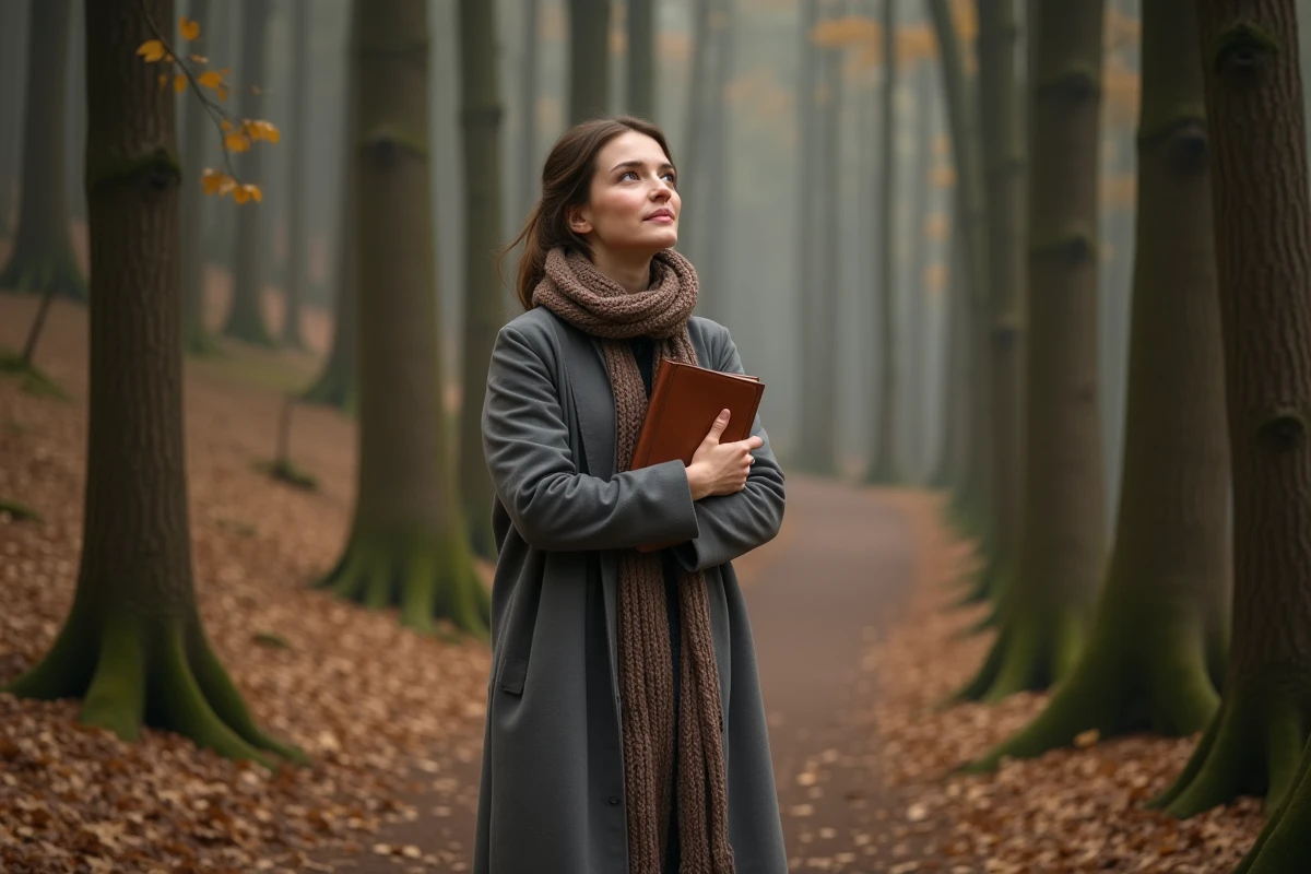 Jeune femme dans la forêt avec livre et ambiance automnale