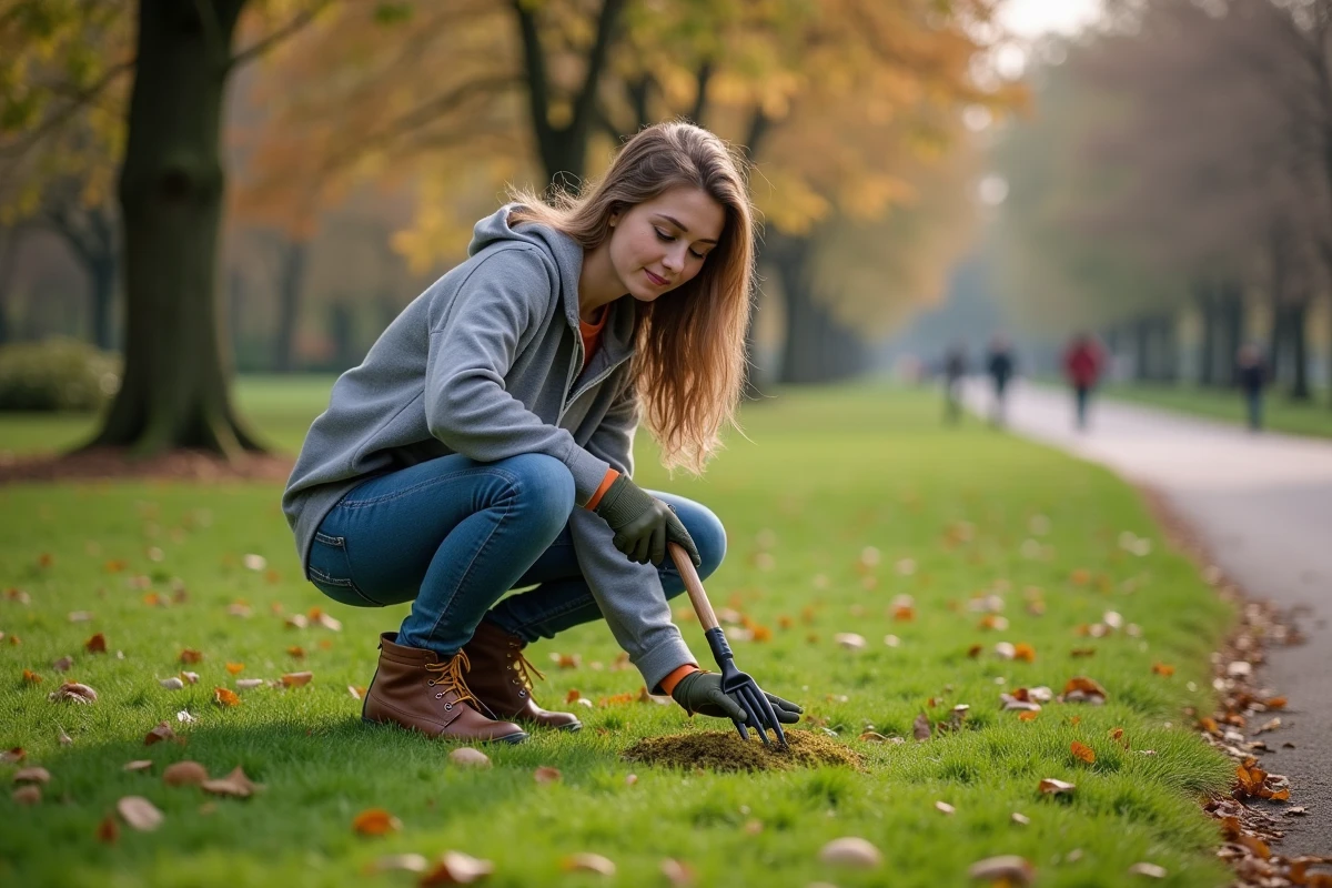 Jeune femme examine la pelouse avec un petit outil de jardinage