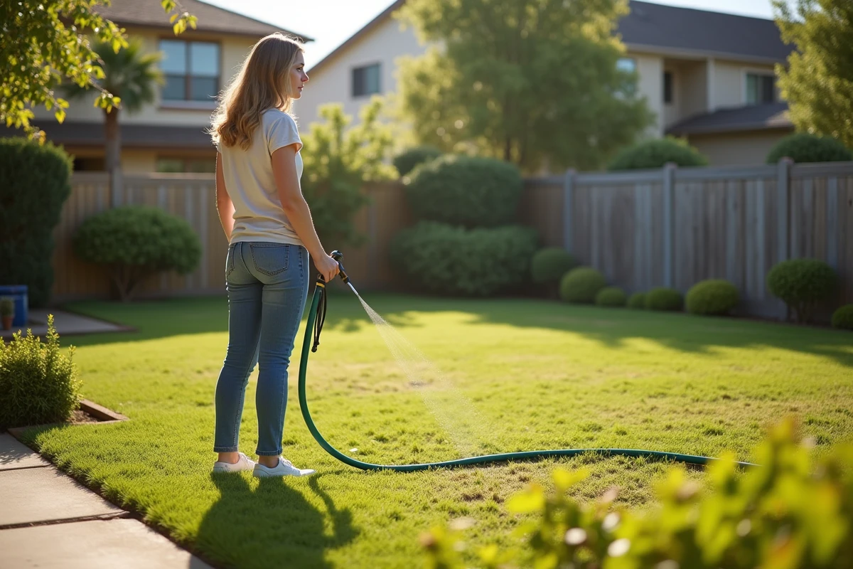 Jeune femme contemplant la pelouse sèche en été