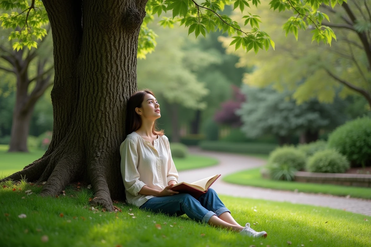 Jeune femme lisant sous un arbre dans un jardin