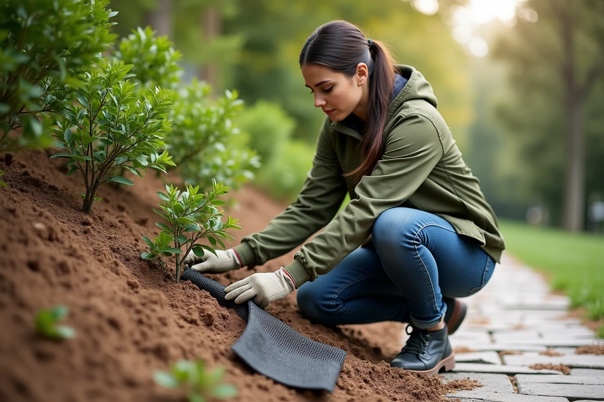 Jeune femme paysagiste plantant des arbustes en pente