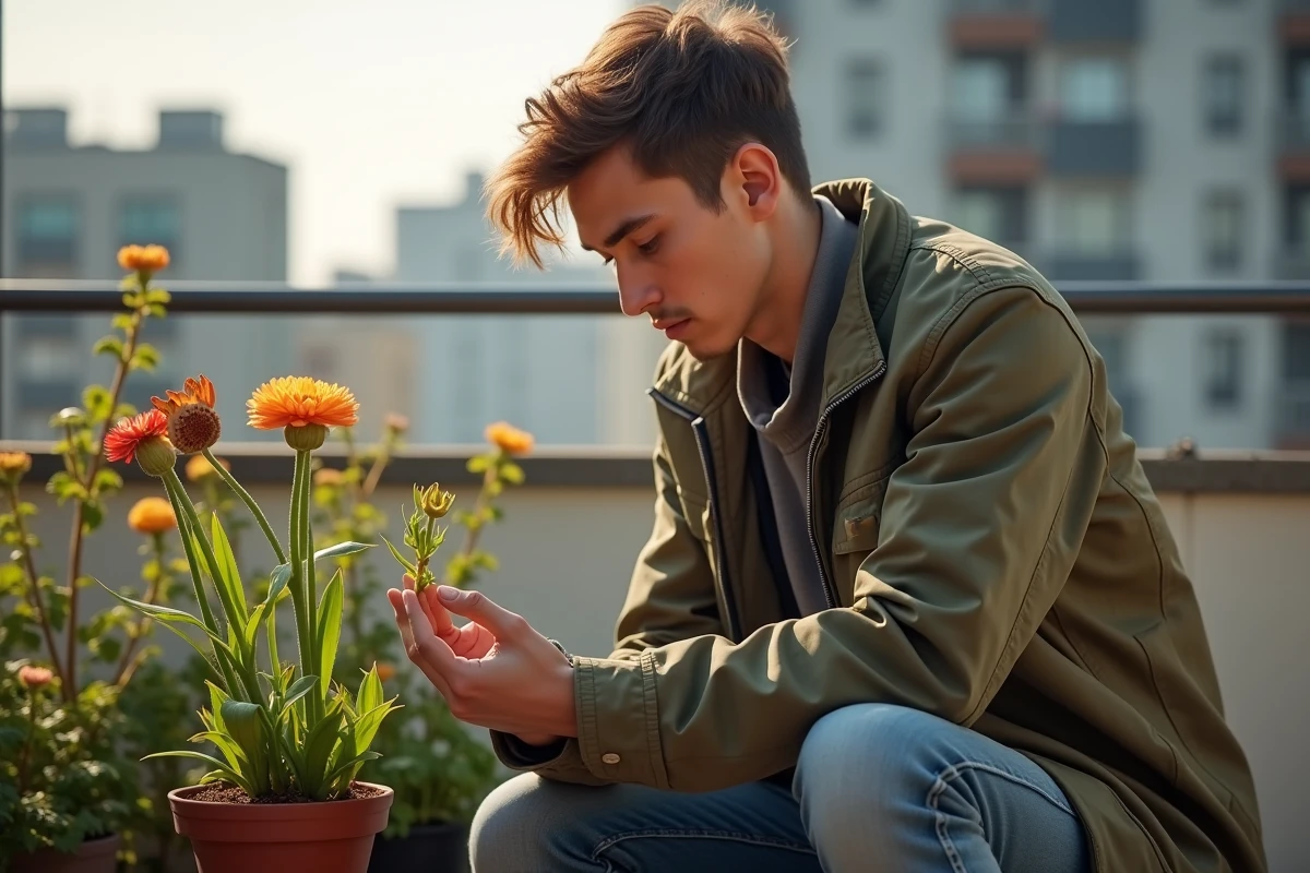 Jeune homme inspectant une plante de ranunculus sur un balcon