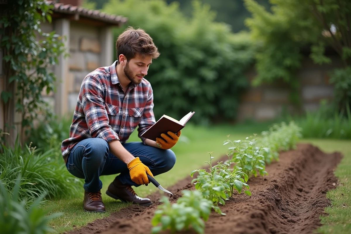 Jeune homme consultant un guide de jardinage près des plants