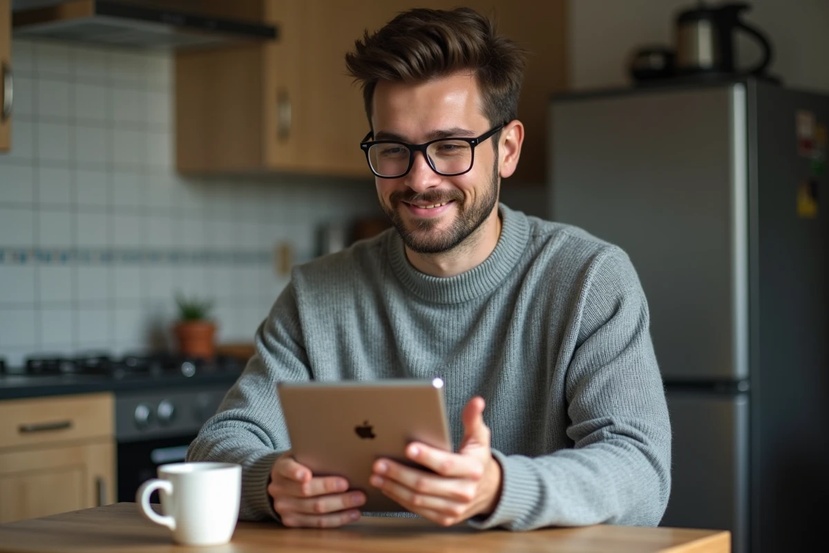 Jeune homme utilisant une tablette dans la cuisine