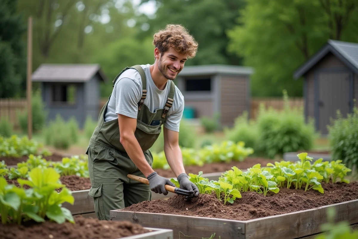 Jeune homme en salopette étale du mulch autour de jeunes plants
