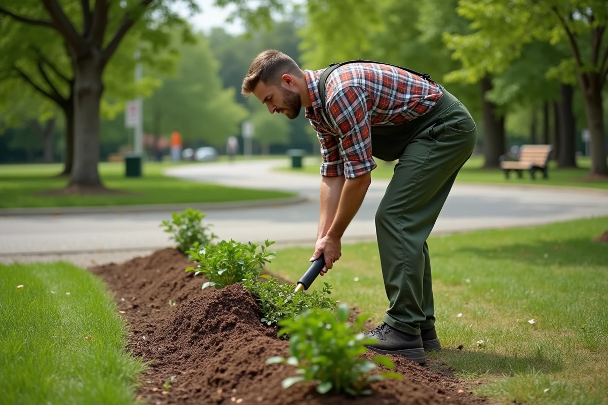 Jeune homme en overalls étalant du paillis dans un parc