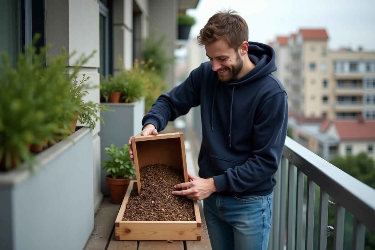 Jeune homme plantant en pot sur balcon urbain