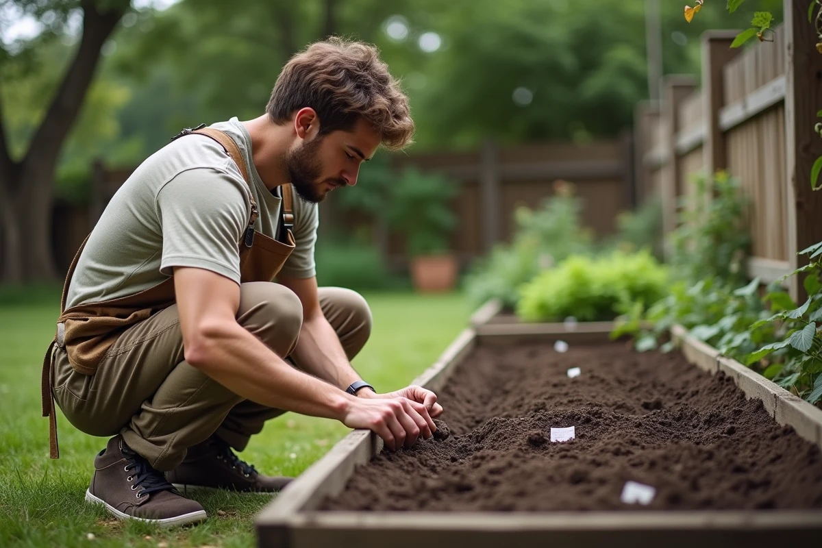 Jeune homme plantant des graines dans un jardin
