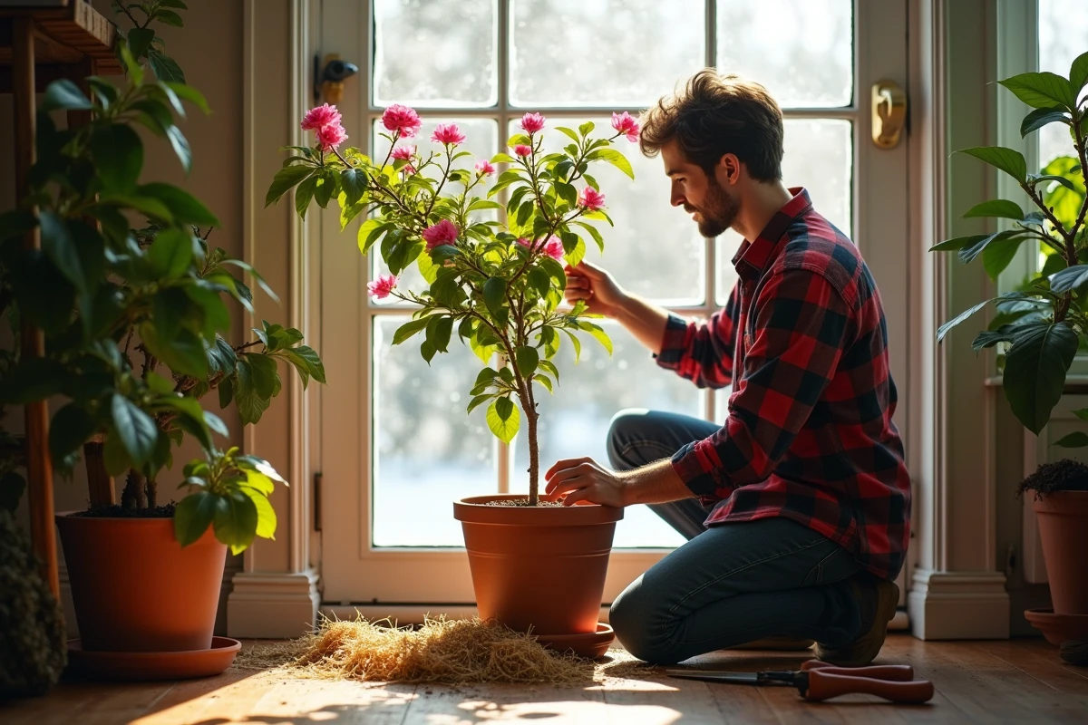 Jeune homme inspectant et mulchant un bougainvillea en intérieur