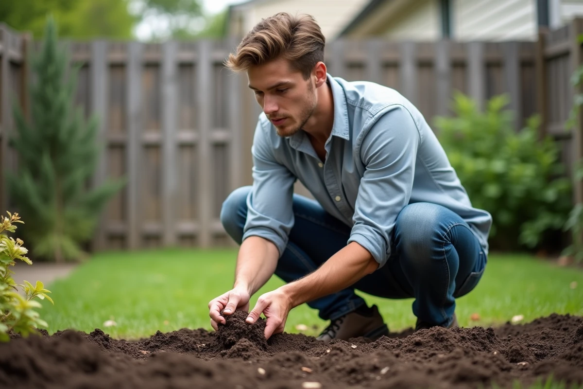 Jeune homme examinant la terre dans un jardin