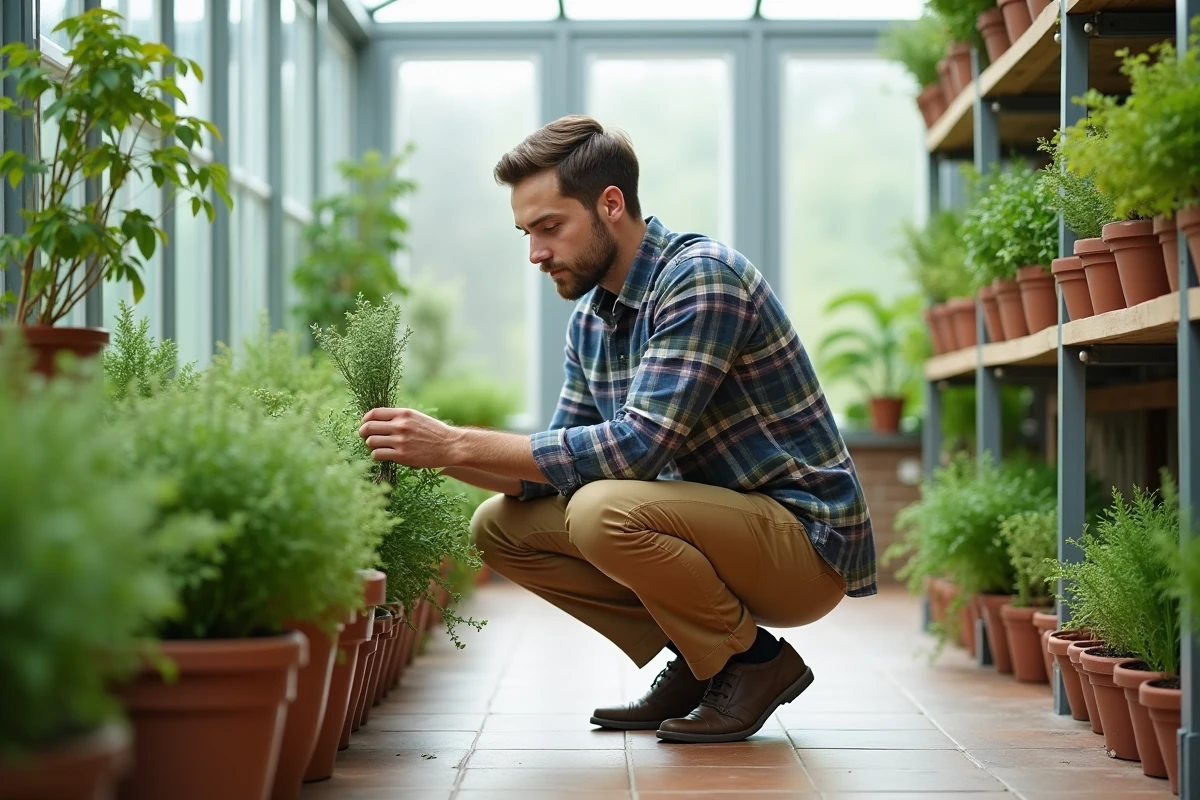Jeune homme inspectant un plan de thym en intérieur