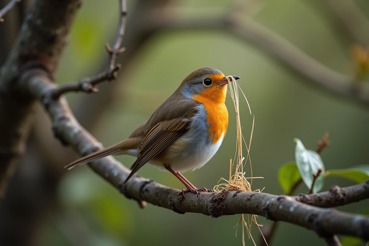 Jeune rouge-gorge avec brin de paille sur une branche