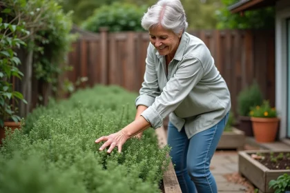 Femme d'âge moyen dans un jardin d'herbes à la thymière