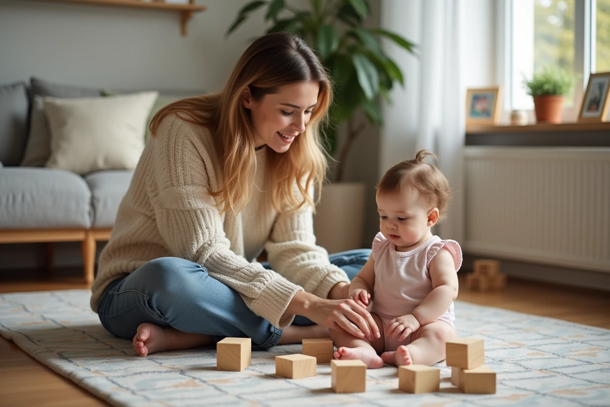 Maman et sa fille de 8 mois explorant des blocs en bois dans le salon