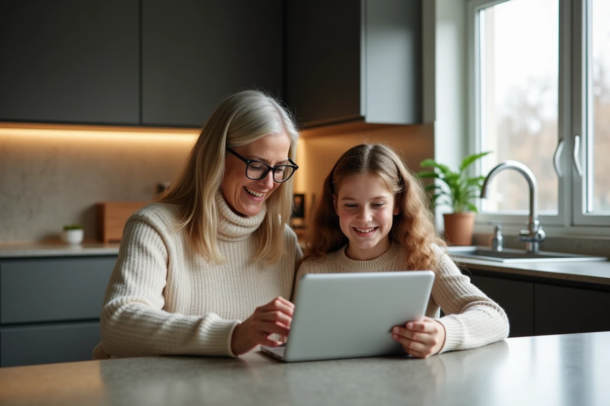 Mère et fille partageant un moment avec une tablette dans la cuisine