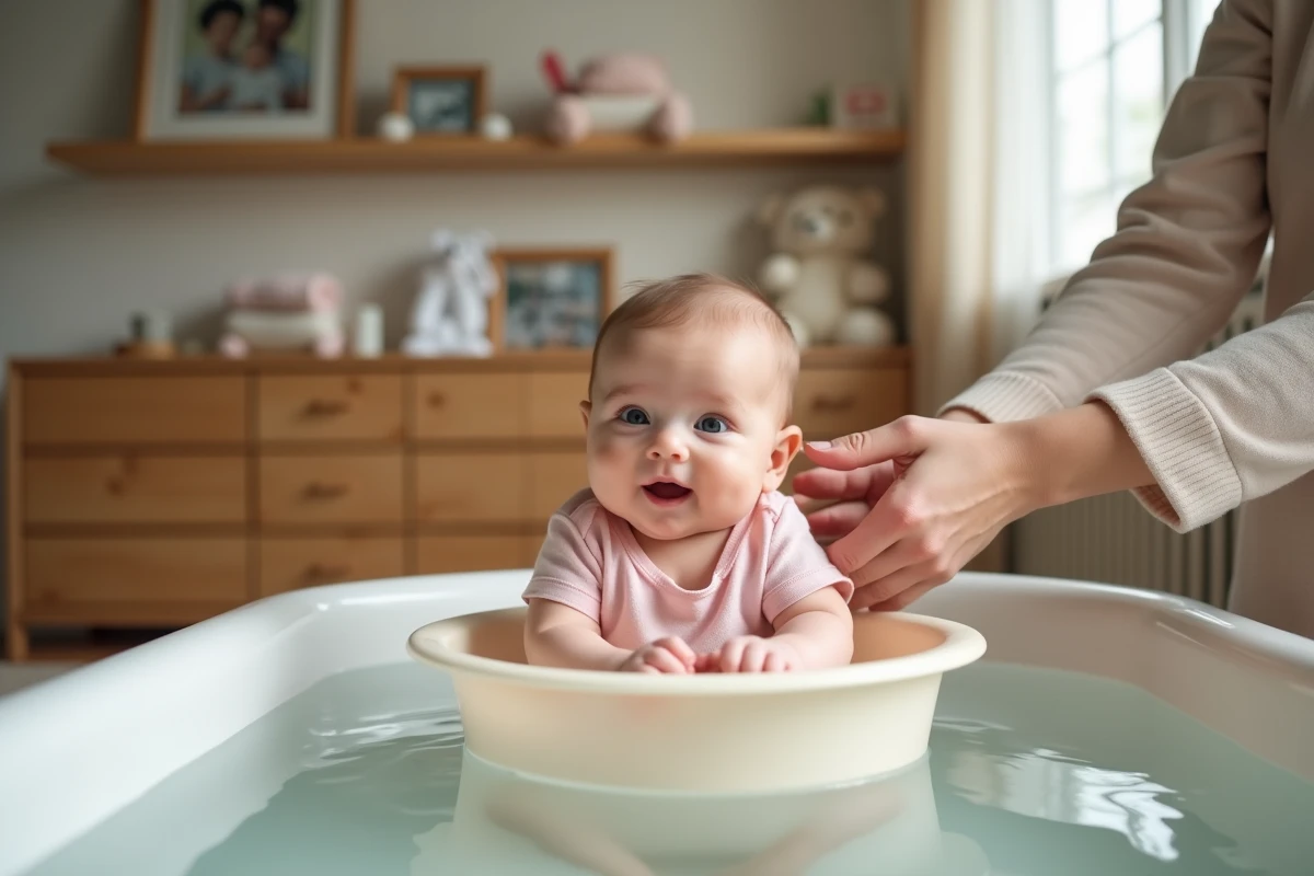 Fille nouveau-née dans une baignoire en plastique dans la nurserie
