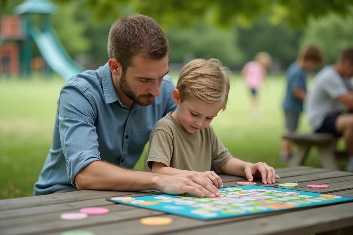 Père et fils jouant à un jeu éducatif sur l