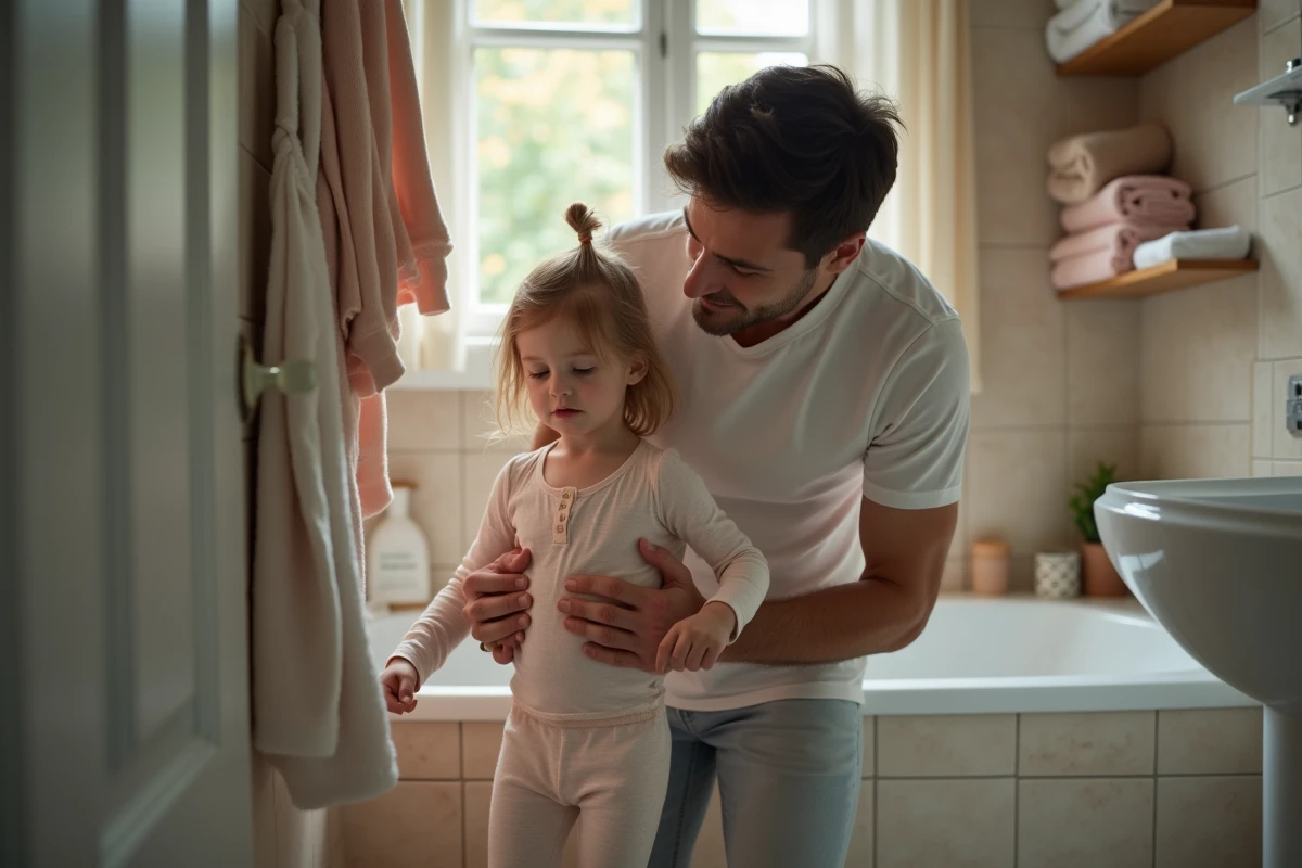 Père aidant sa fille à enfiler son pyjama avant le coucher