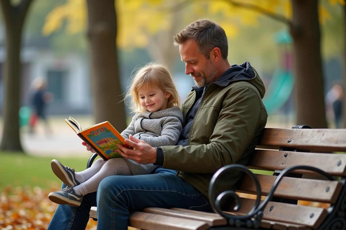 Papa lisant une histoire à sa fille dans un parc en automne