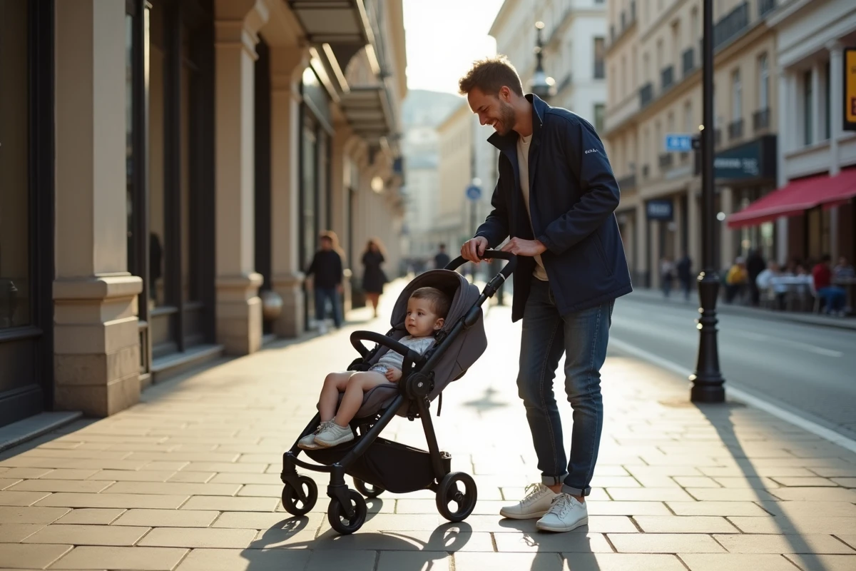 Père souriant vérifiant son bébé en poussette en ville