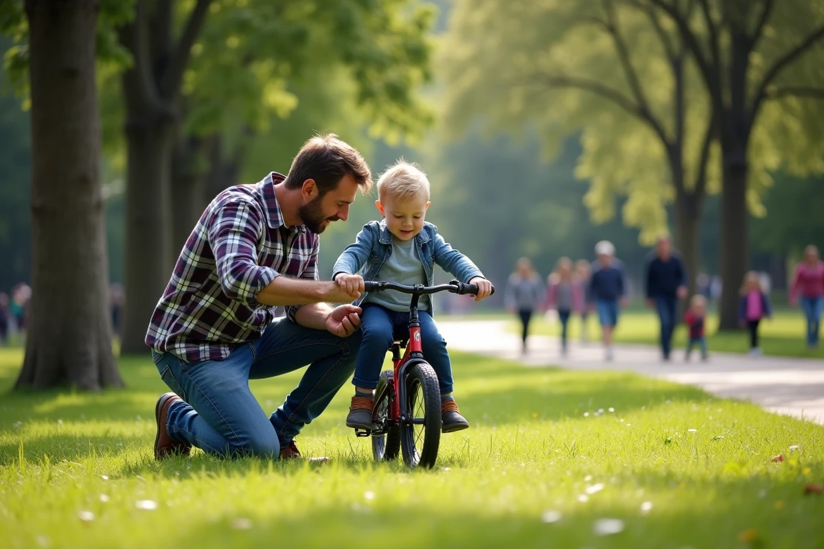 Papa encourage son fils à faire du vélo dans un parc