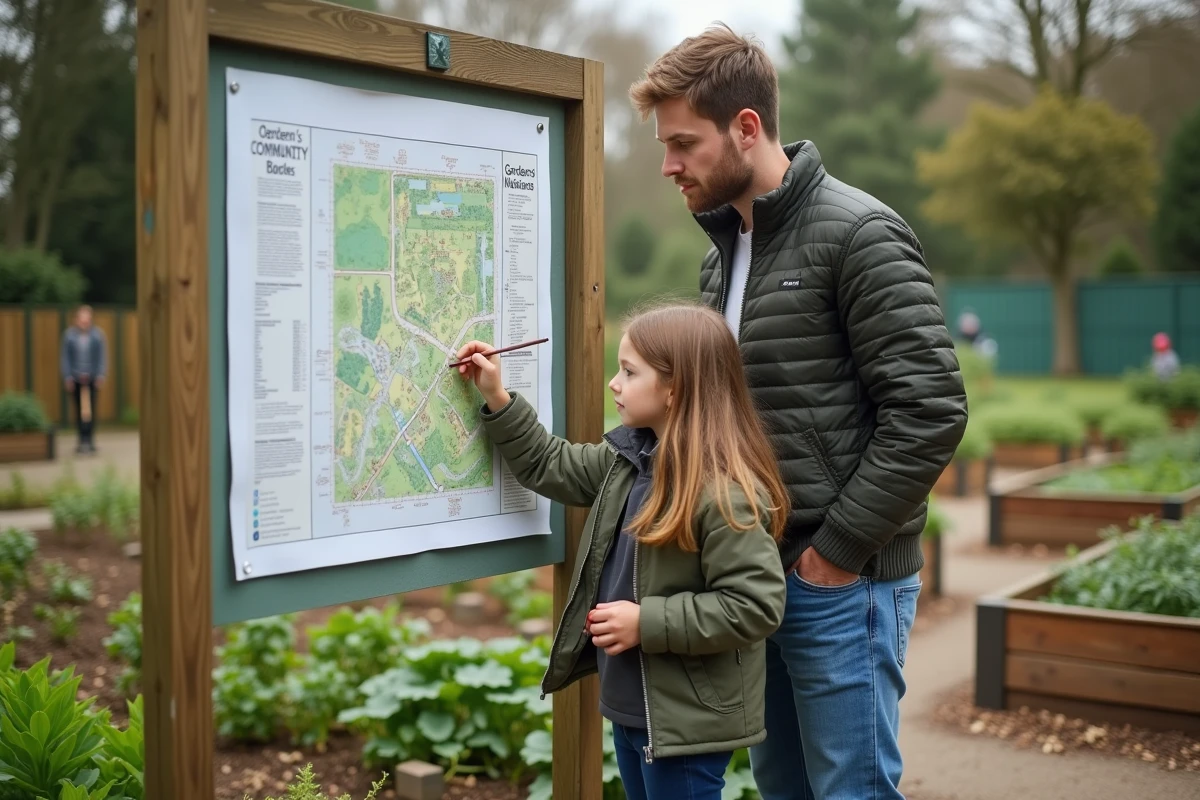 Père et fille regardant une carte dans un parc résidentiel