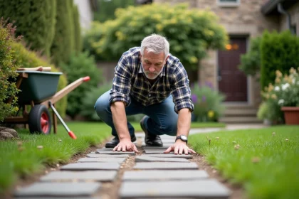 Homme d'âge moyen posant des dalles dans un jardin
