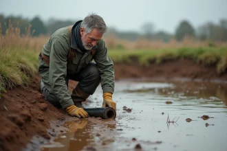 Homme en tenue de travail pose une membrane en argile près d'un étang