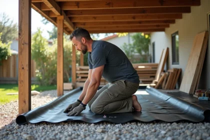 Homme posant une membrane imperméable sous une terrasse