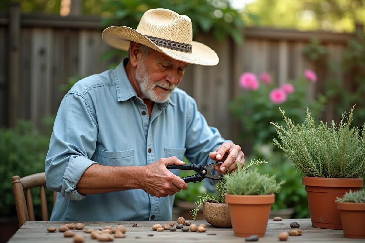 Homme âgé taillant un buisson de romarin avec des ciseaux